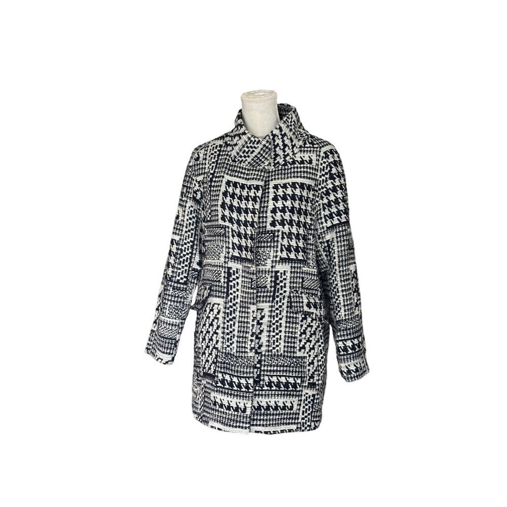 Zara Houndstooth Patterned Coat Size L Black & White Faux Pocket Winter Peacoat